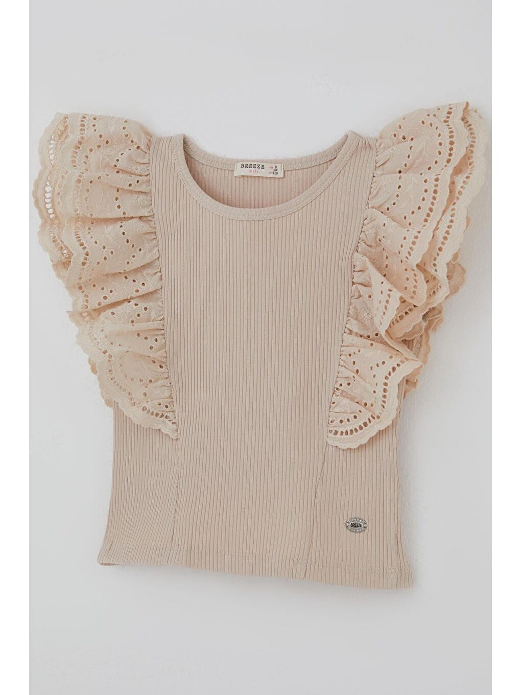 Kız Çocuk Tişört Güpürlü Çiçek & Yaprak Nakışlı Bej (6-12 Yaş)-4