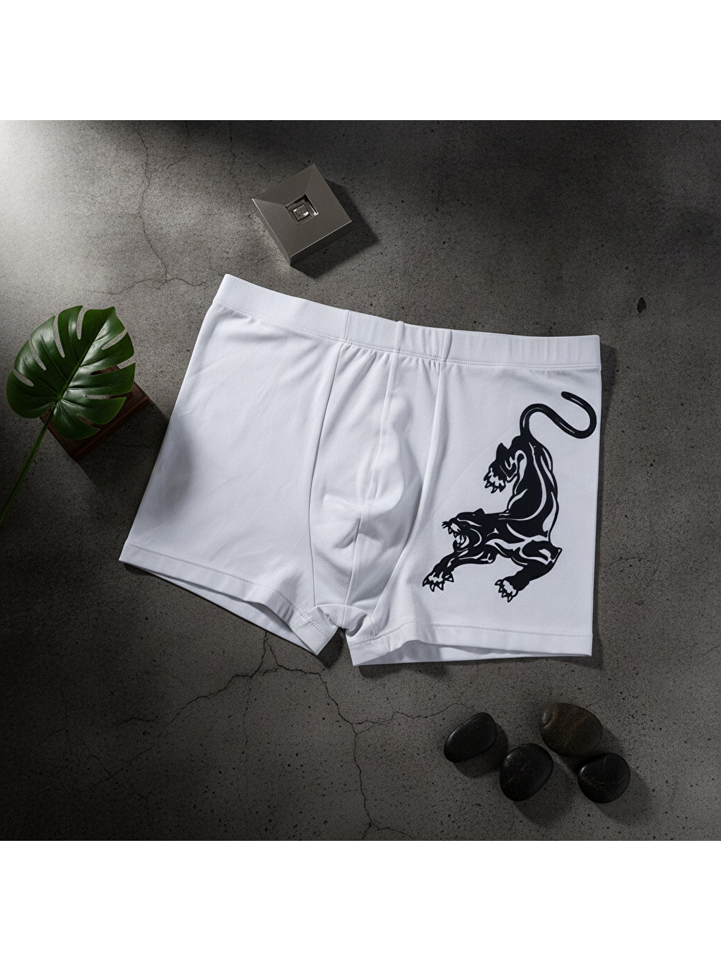 Erkek Flok Panter Baskılı Beyaz Renk Boxer Bb2765-1