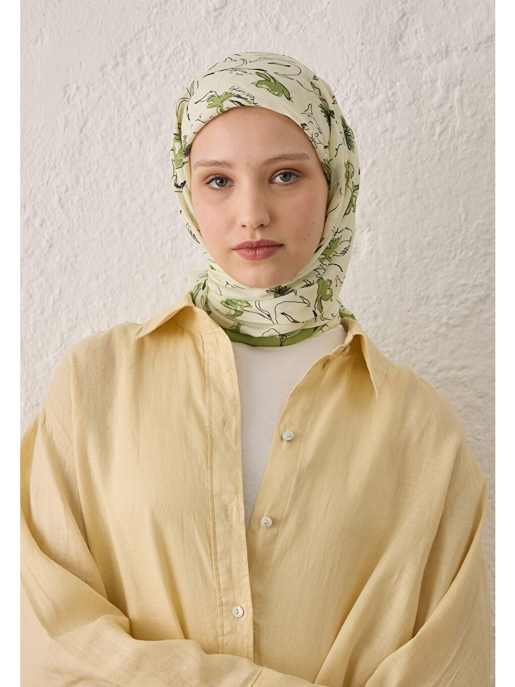 Prımrose Desen Pamuk İpek Eşarp Yeşil-2