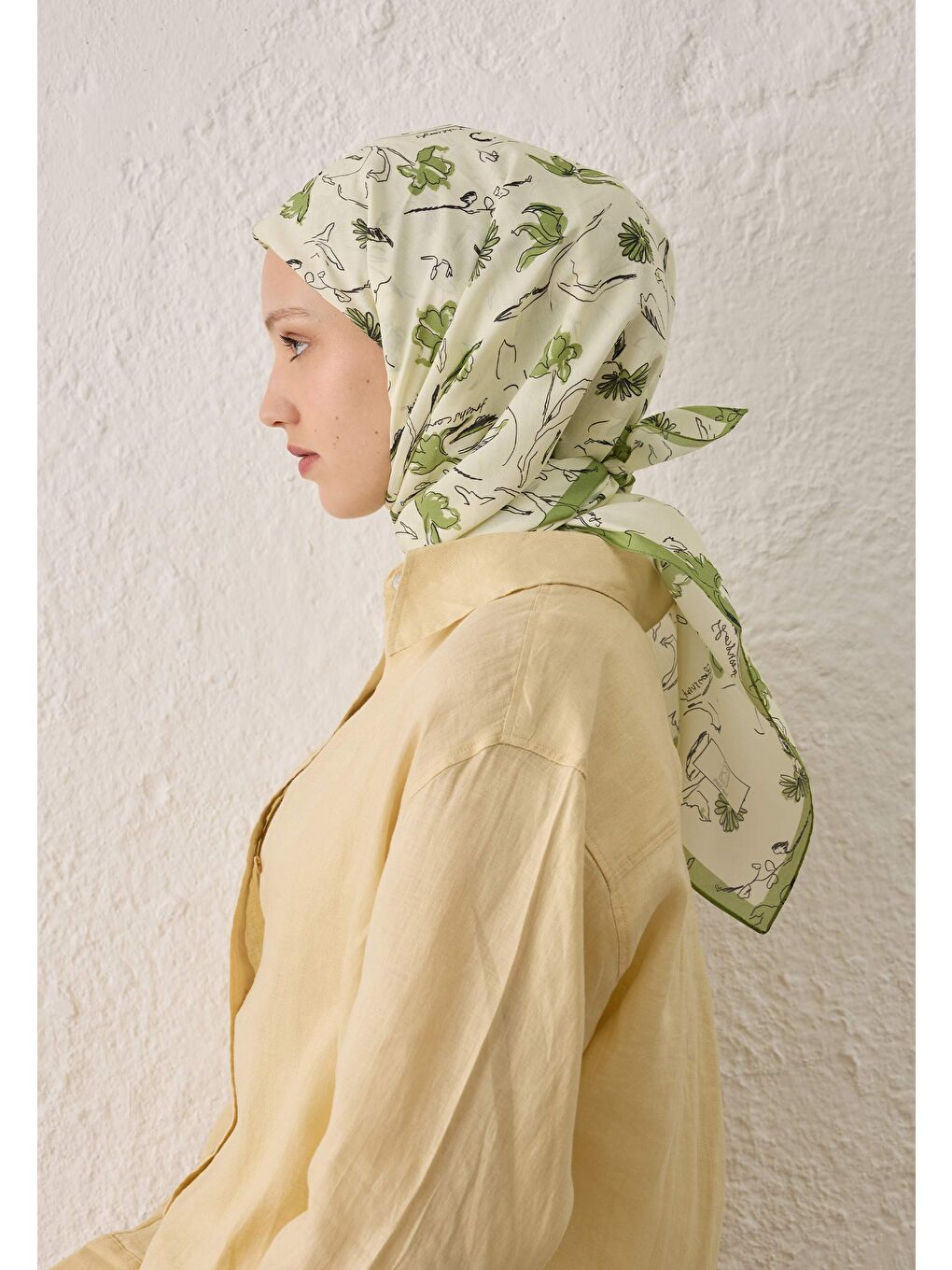 Prımrose Desen Pamuk İpek Eşarp Yeşil-3