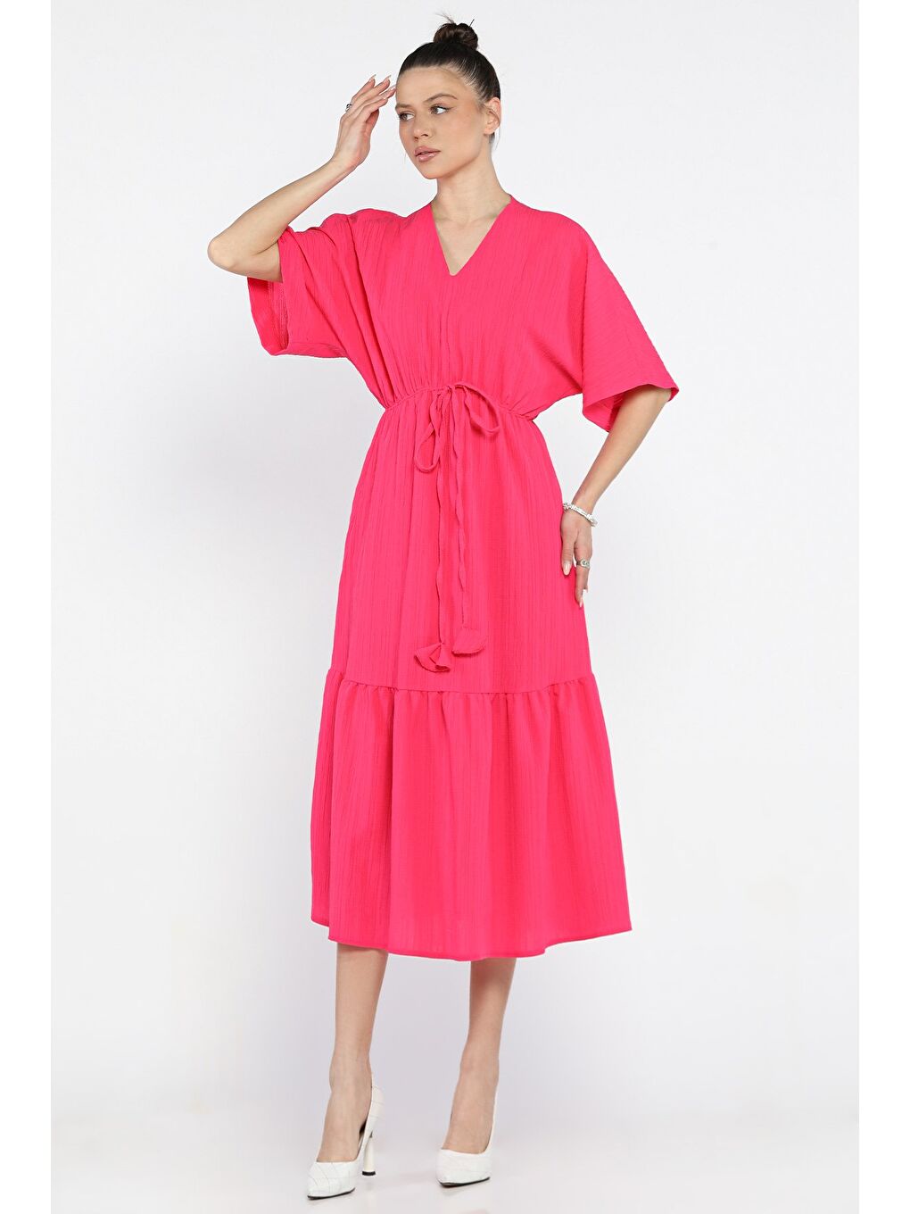 Fuşya Bel Bağlamalı V Yaka Kadın Elbise-1