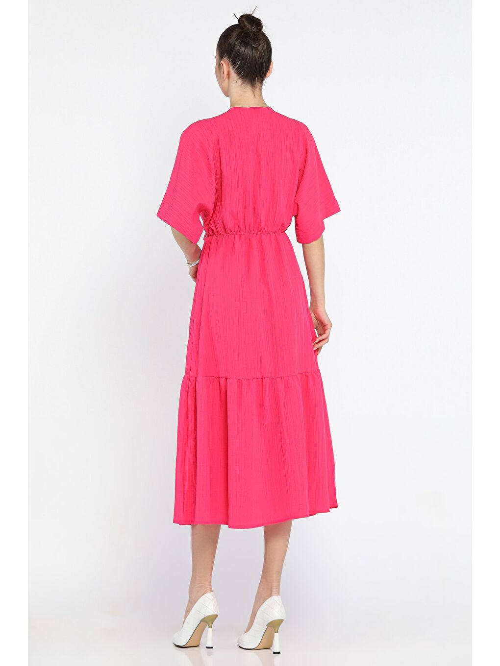 Fuşya Bel Bağlamalı V Yaka Kadın Elbise-2