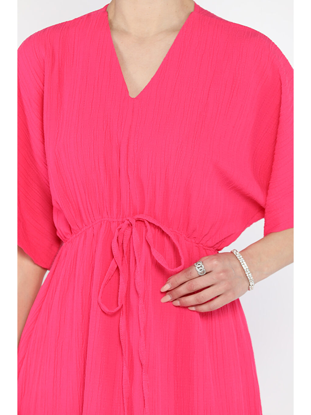 Fuşya Bel Bağlamalı V Yaka Kadın Elbise-3