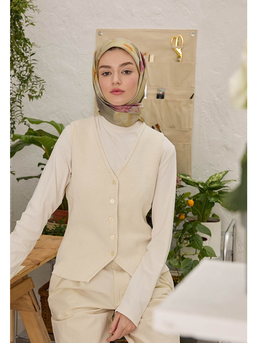 Blaır Desen Pamuk İpek Eşarp Yağ Yeşili