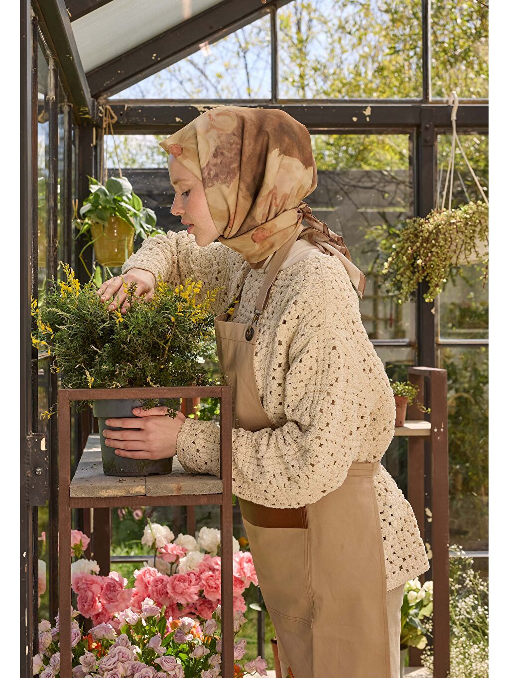 Kahverengi Blaır Desen Pamuk İpek Eşarp Toprak