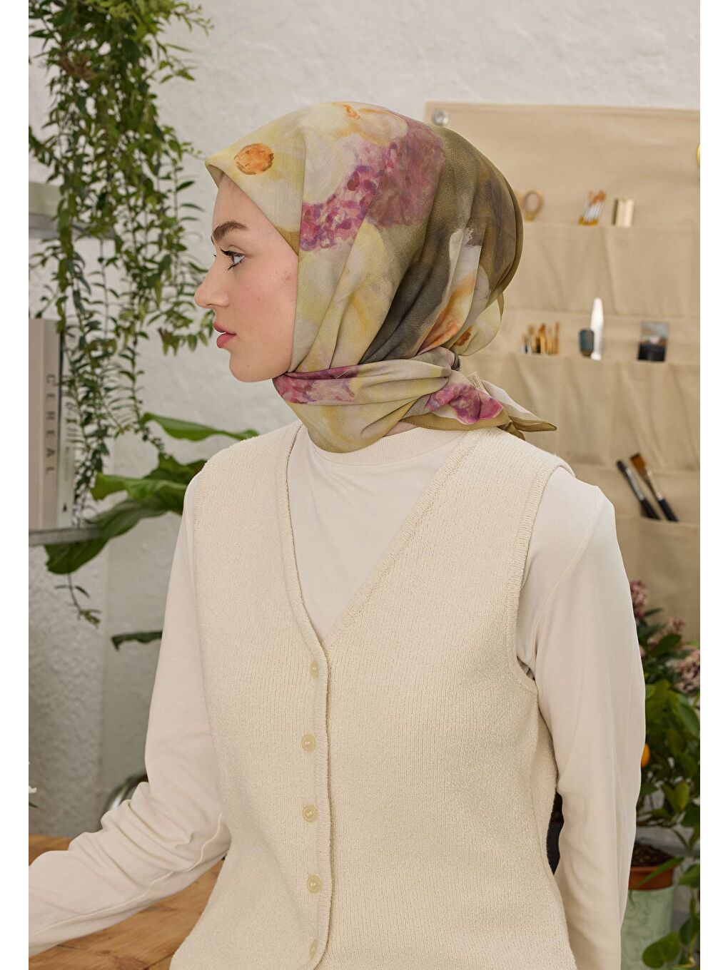 Blaır Desen Pamuk İpek Eşarp Yağ Yeşili-1