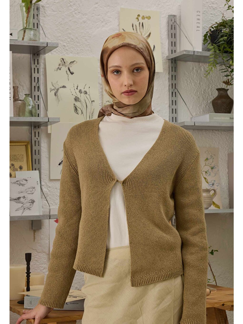 Kahverengi Blaır Desen Pamuk İpek Eşarp Toprak-1