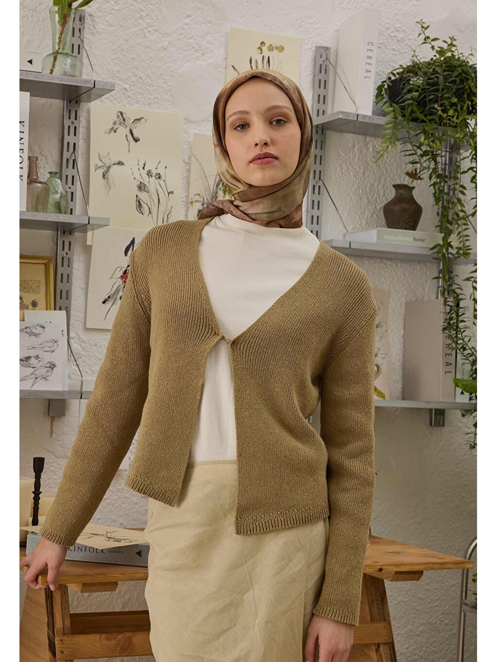 Kahverengi Blaır Desen Pamuk İpek Eşarp Toprak-2