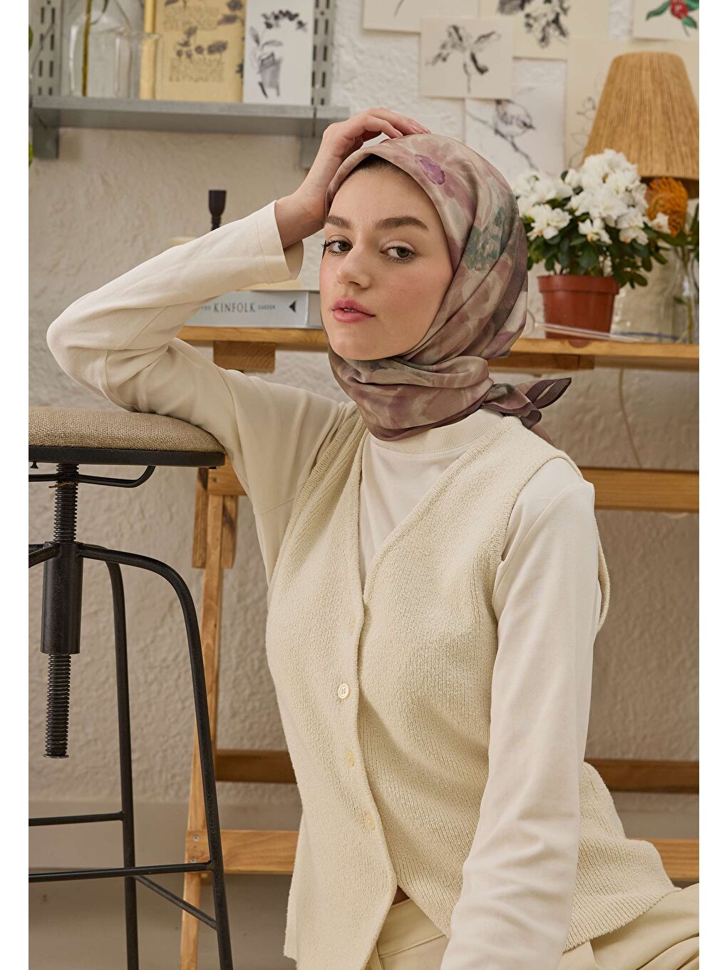 Pembe Blaır Desen Pamuk İpek Eşarp Gül Kurusu