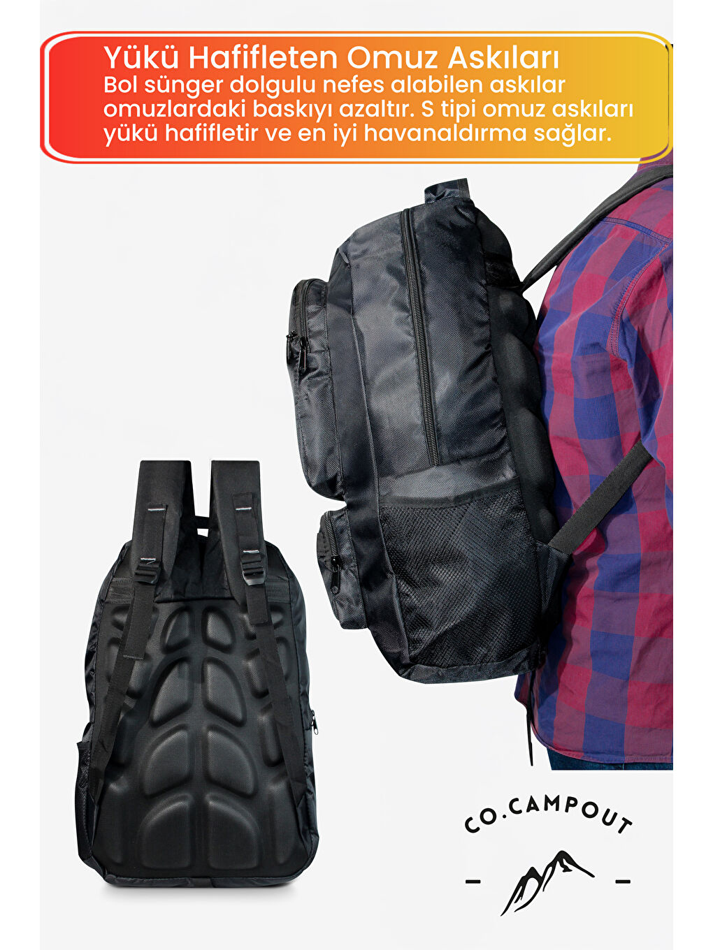 Siyah Orijinal Körüksüz Ortopedik Konfor Modeli Çok Gözlü Gezi Seyahat Yürüyüş Dağcı Kamp Spor Sırt Çantas-6