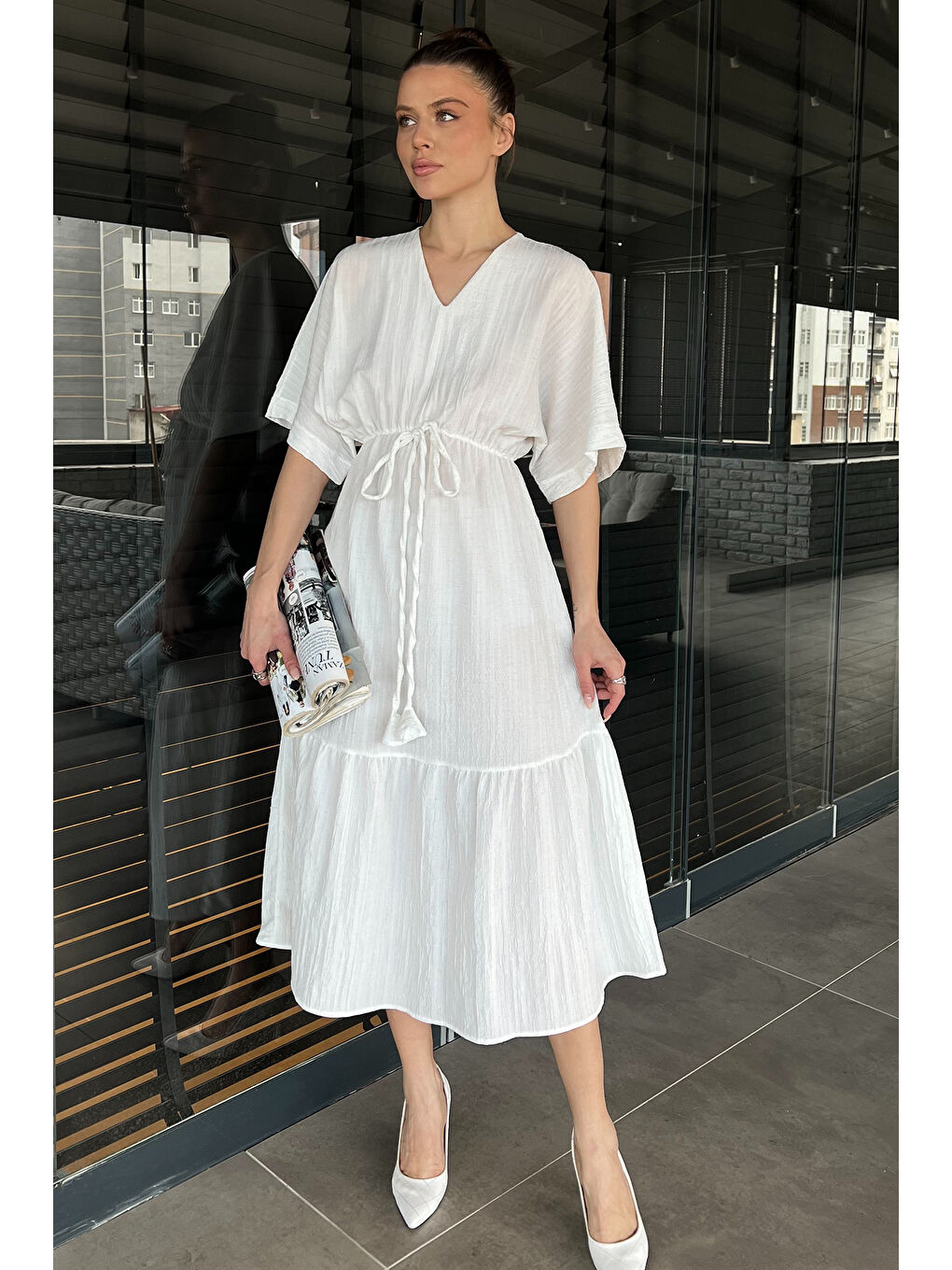 Ekru Bel Bağlamalı V Yaka Kadın Elbise-1