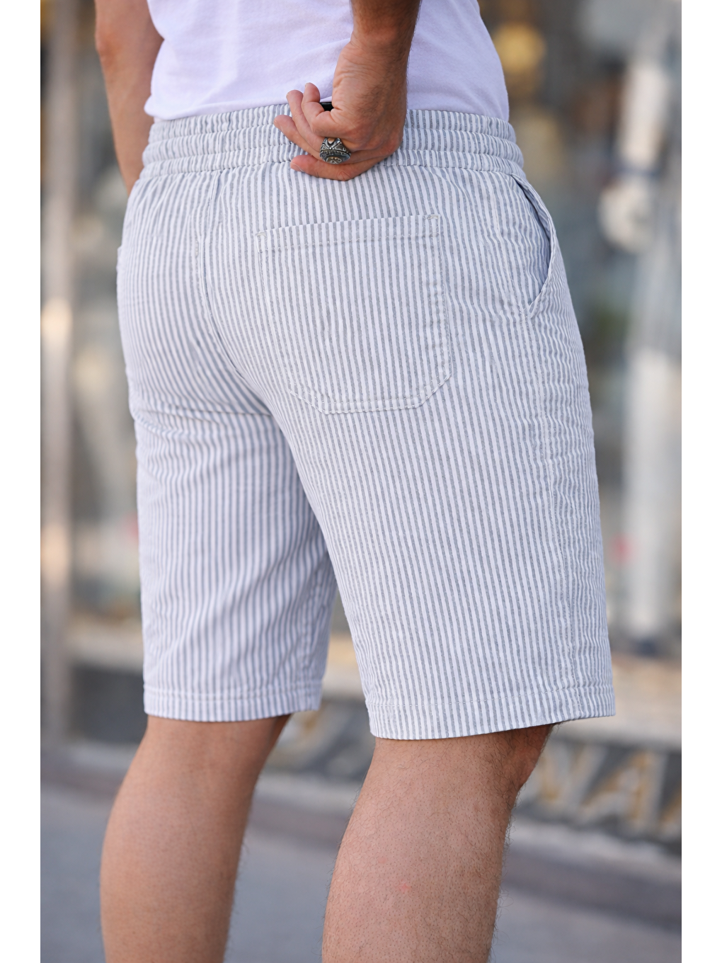 Erkek Trend Premium Nakışlı Çizgili Gri Şort-2