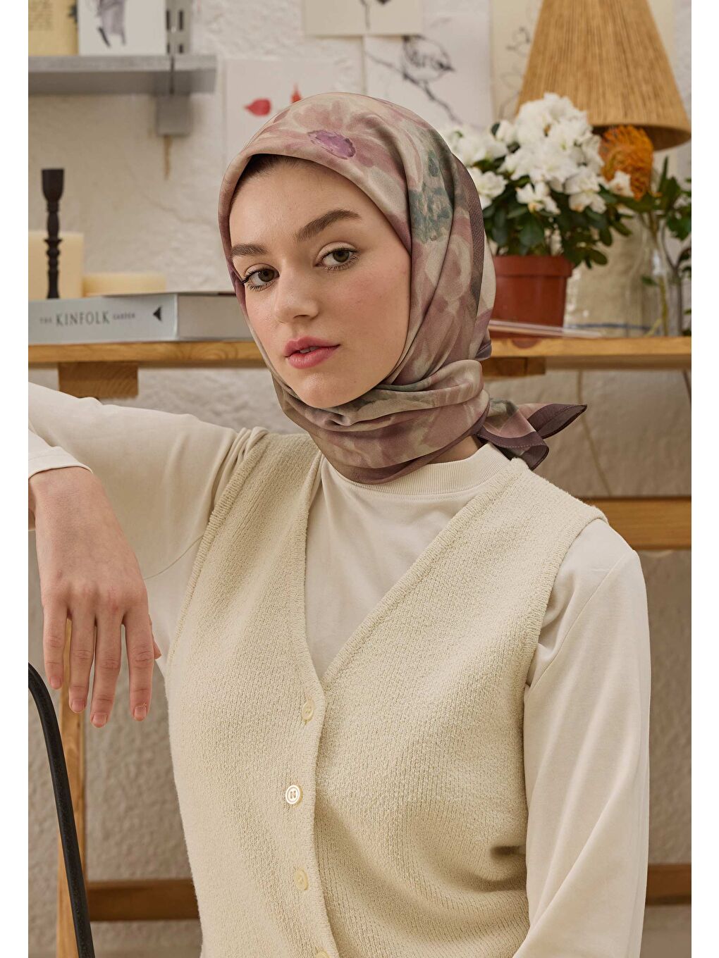 Pembe Blaır Desen Pamuk İpek Eşarp Gül Kurusu-1