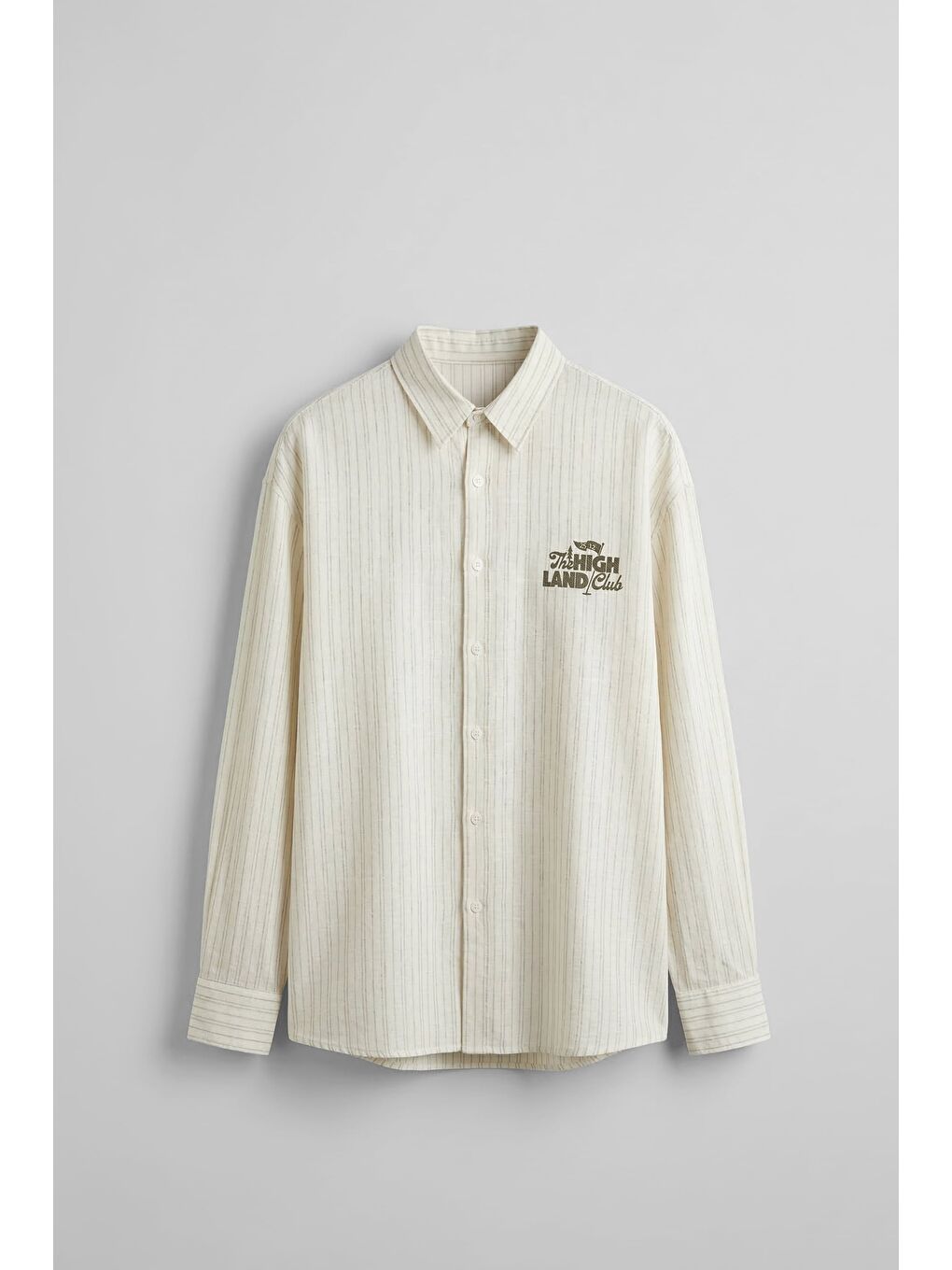 Erkek Oversize Pamuk Çizgili Sırt Baskılı Gömlek Haki