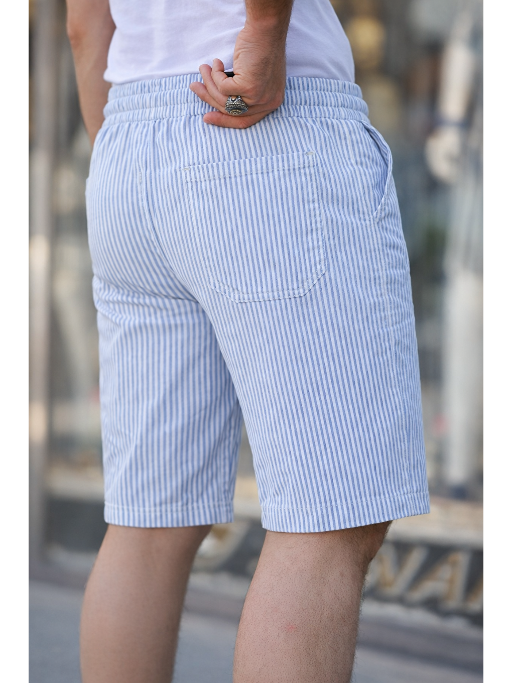Erkek Trend Premium Nakışlı Çizgili Mavi Şort-2