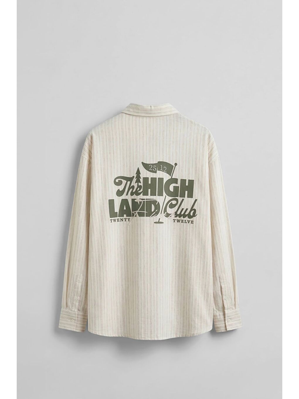 Erkek Oversize Pamuk Çizgili Sırt Baskılı Gömlek Haki-1