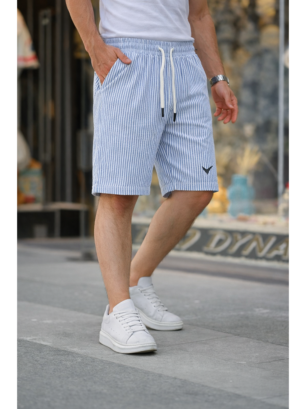 Erkek Trend Premium Nakışlı Çizgili Mavi Şort-3