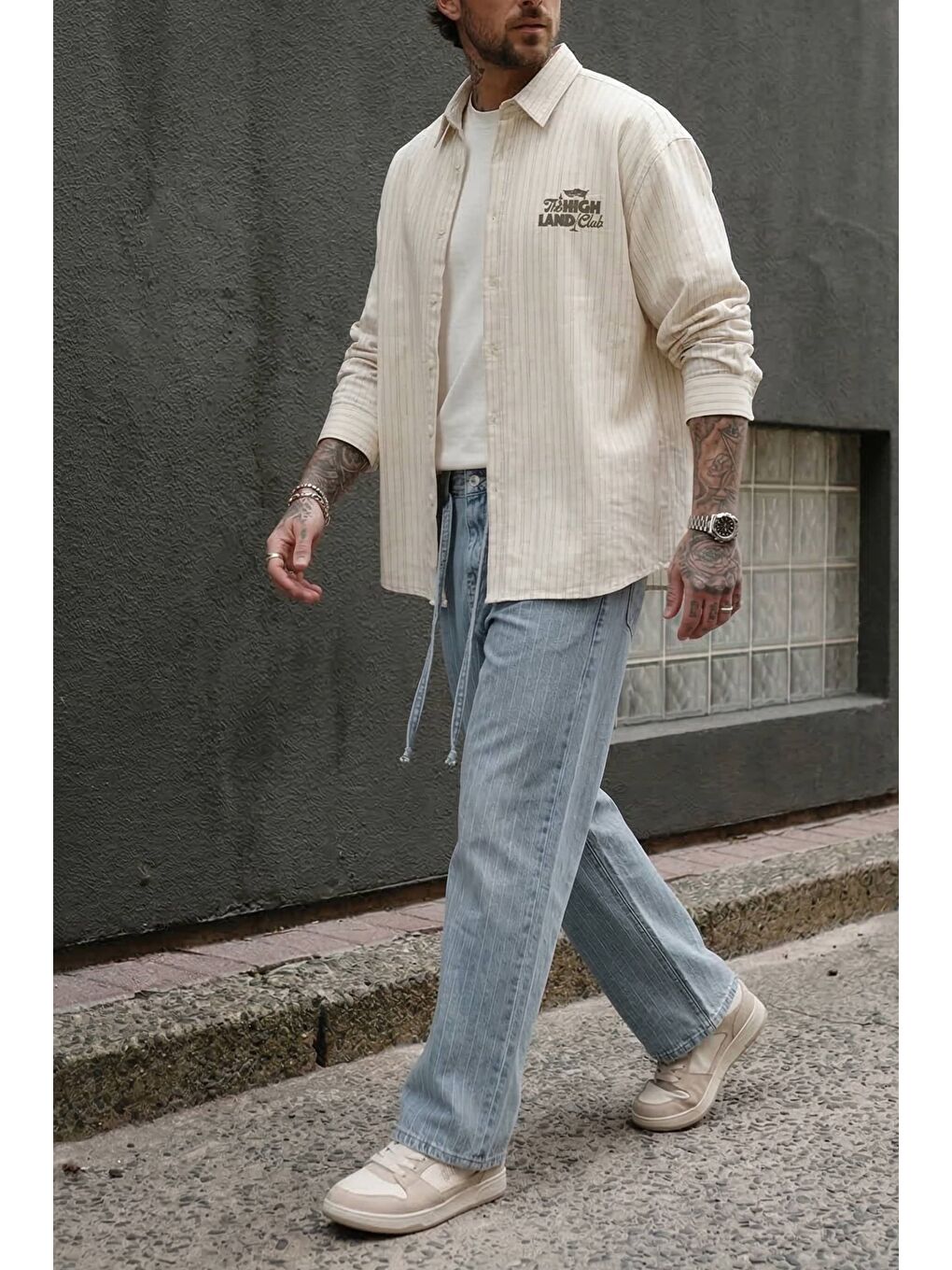Erkek Oversize Pamuk Çizgili Sırt Baskılı Gömlek Haki-2