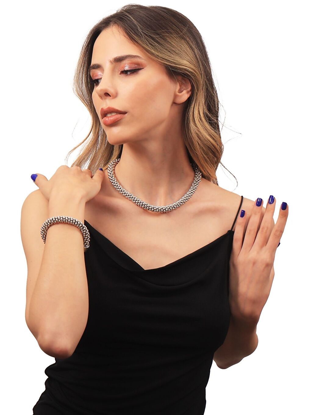 Gri Kadın Antik Gümüş Kaplama Top Boncuk Kolye & Bileklik Set-2