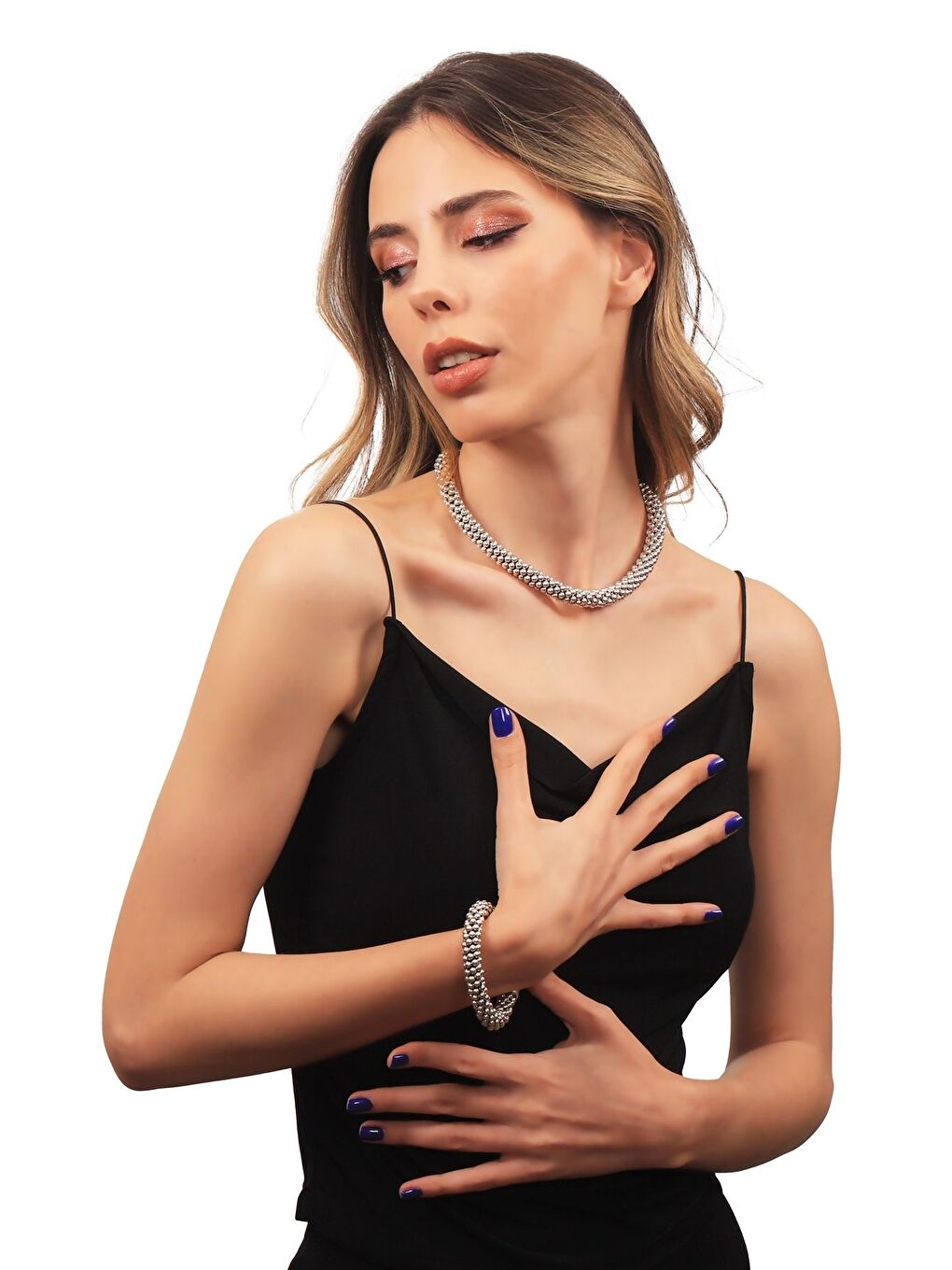 Gri Kadın Antik Gümüş Kaplama Top Boncuk Kolye & Bileklik Set-4