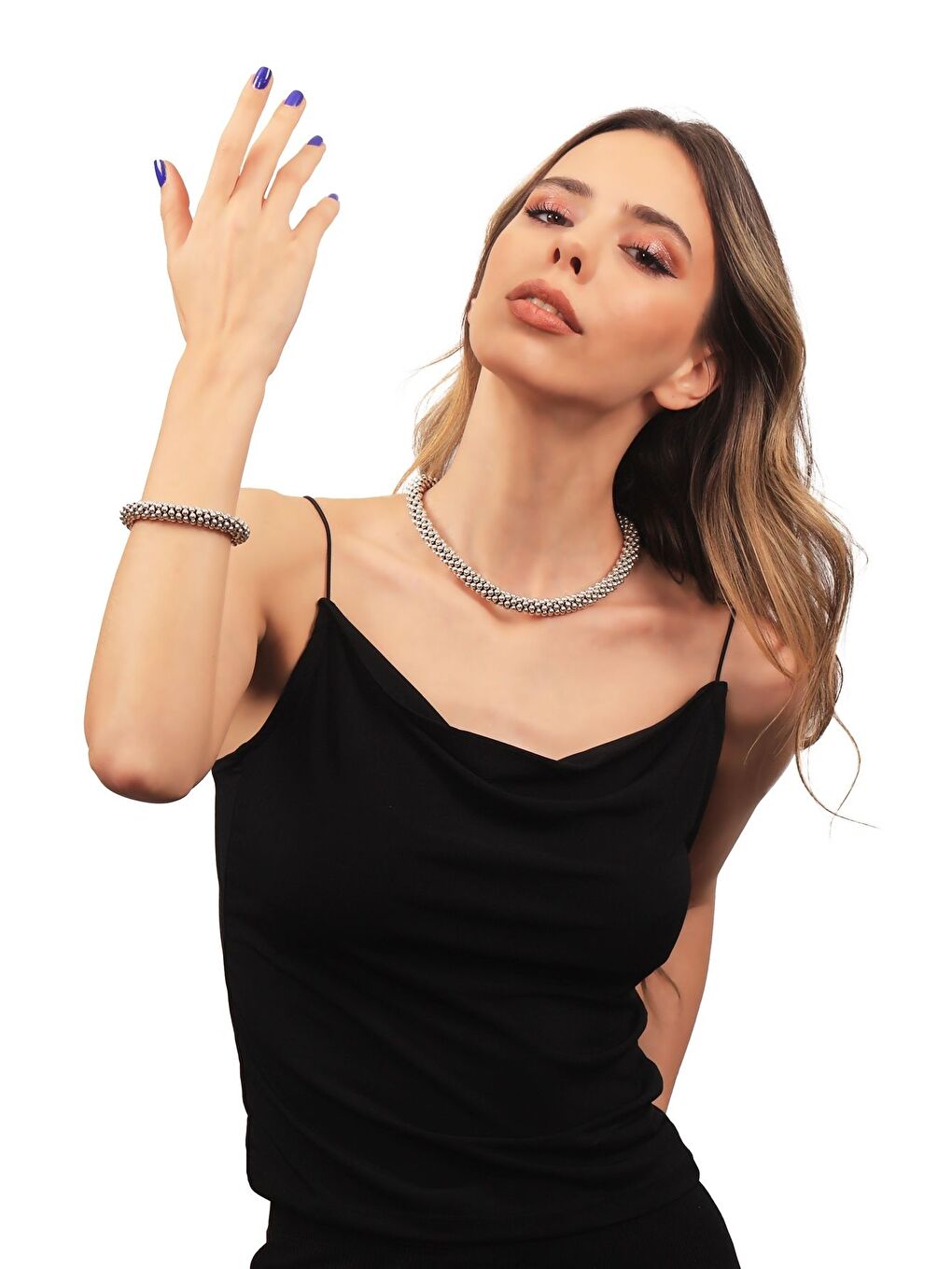 Gri Kadın Antik Gümüş Kaplama Top Boncuk Kolye & Bileklik Set-5