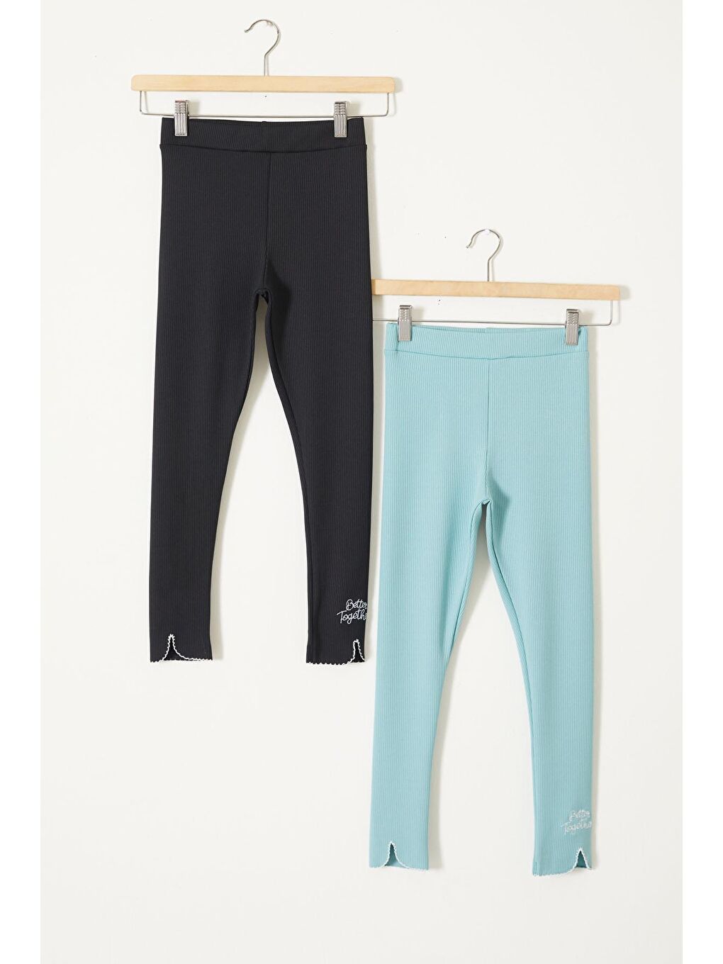 Kız Çocuk Yazı Nakışlı Fitilli Karşkorse 2'li Tayt Siyah-Mint 18088