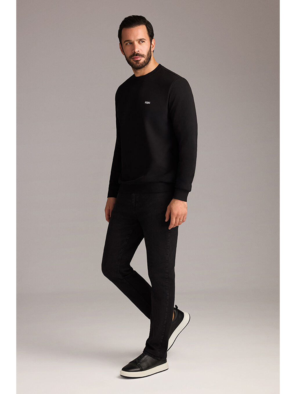 Siyah Bisiklet Yaka Regular Fit Nakışlı Pamuklu Büyük Beden Sweatshirt