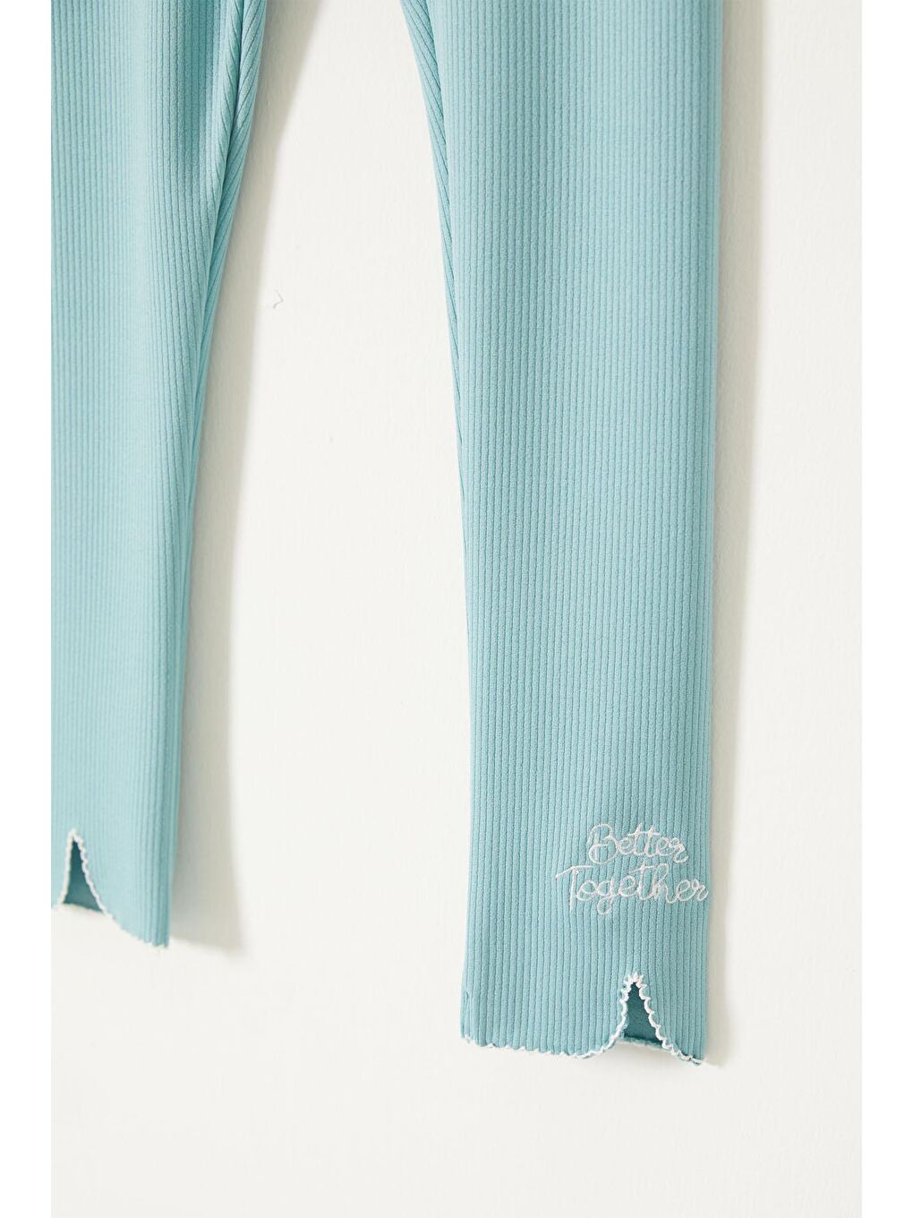 Kız Çocuk Yazı Nakışlı Fitilli Karşkorse 2'li Tayt Siyah-Mint 18088-1