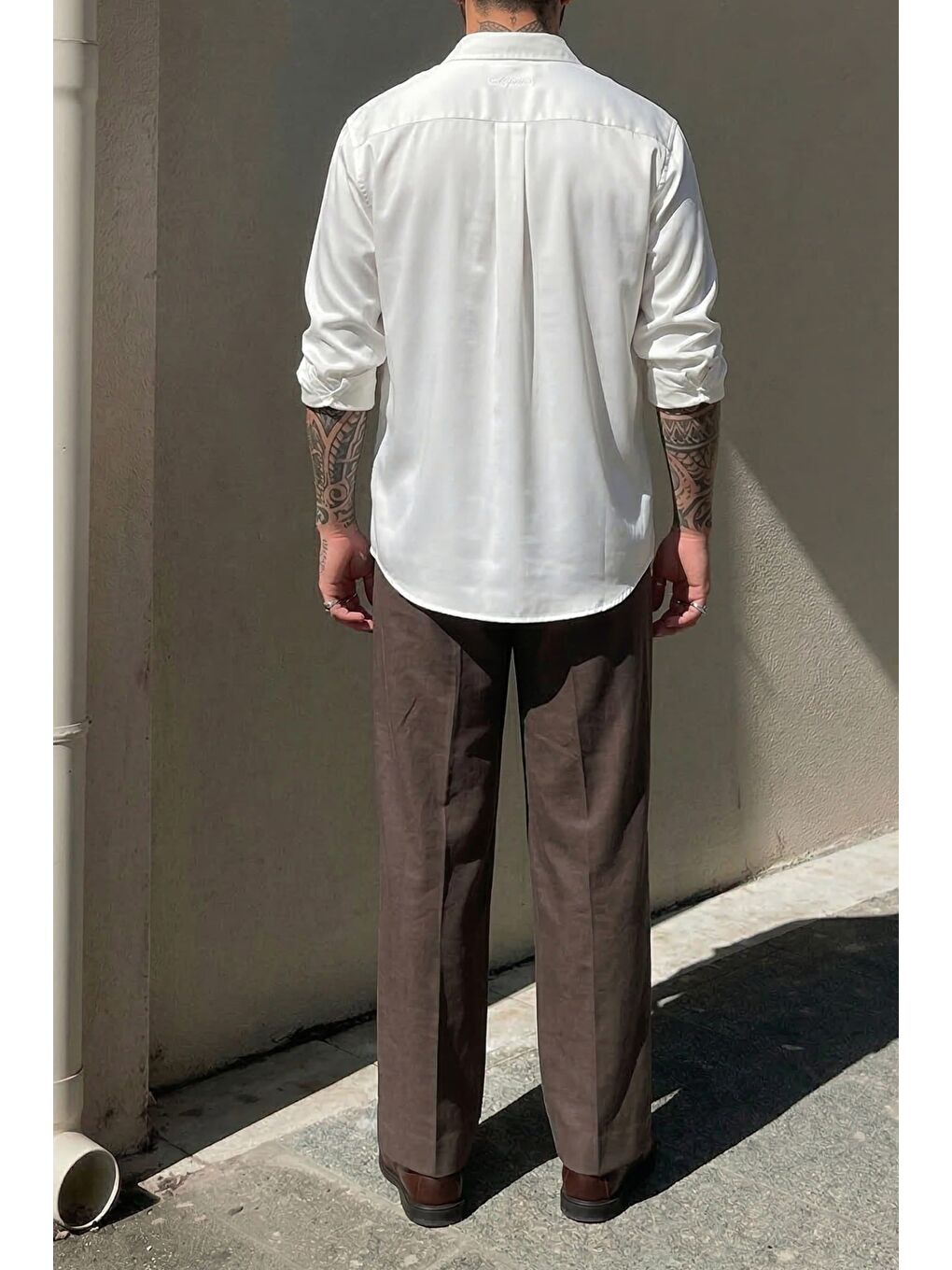 Erkek Relaxed Minimal Nakışlı Basic Lyocell Gömlek Beyaz-3