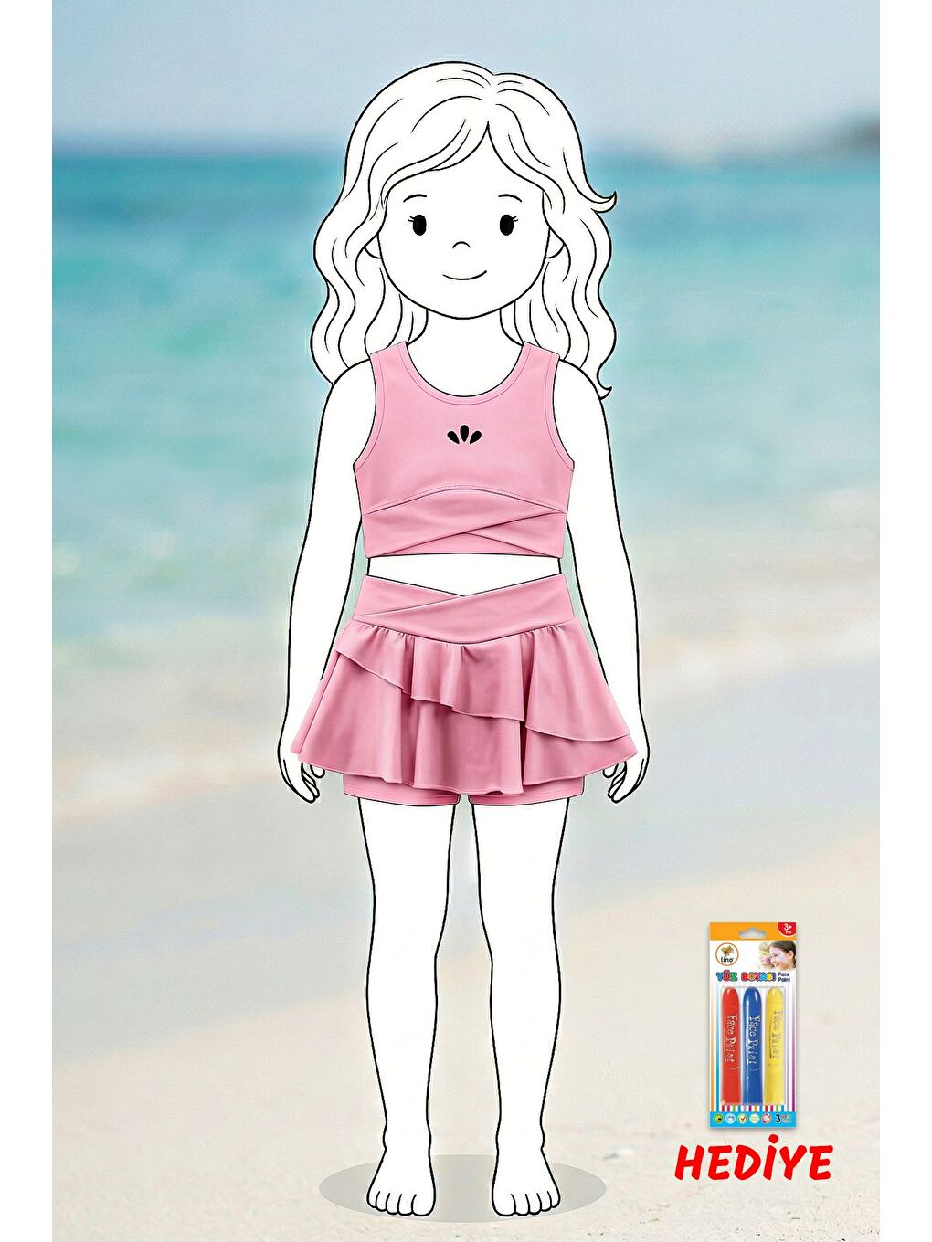 Pembe Kız Çocuk Şortlu Biyeli Pudra Renk Bikini Takımı-1