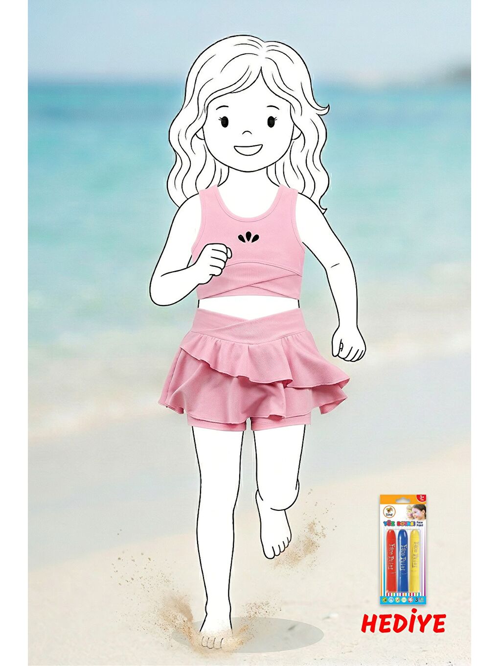 Pembe Kız Çocuk Şortlu Biyeli Pudra Renk Bikini Takımı-2