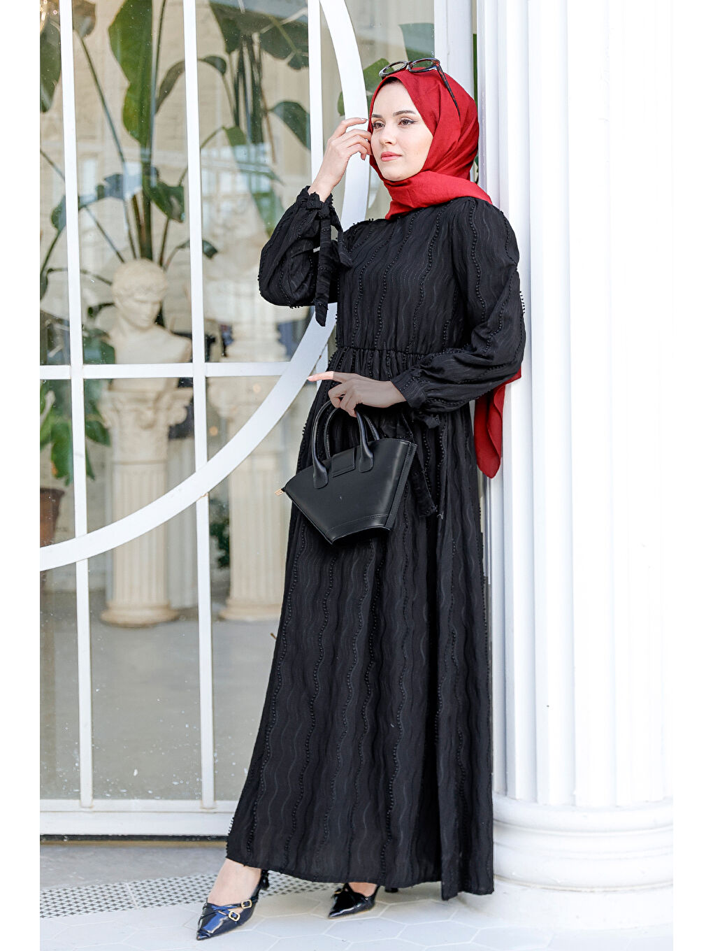 Kadın Kol Bağlamalı Jakar Elbise Siyah-1