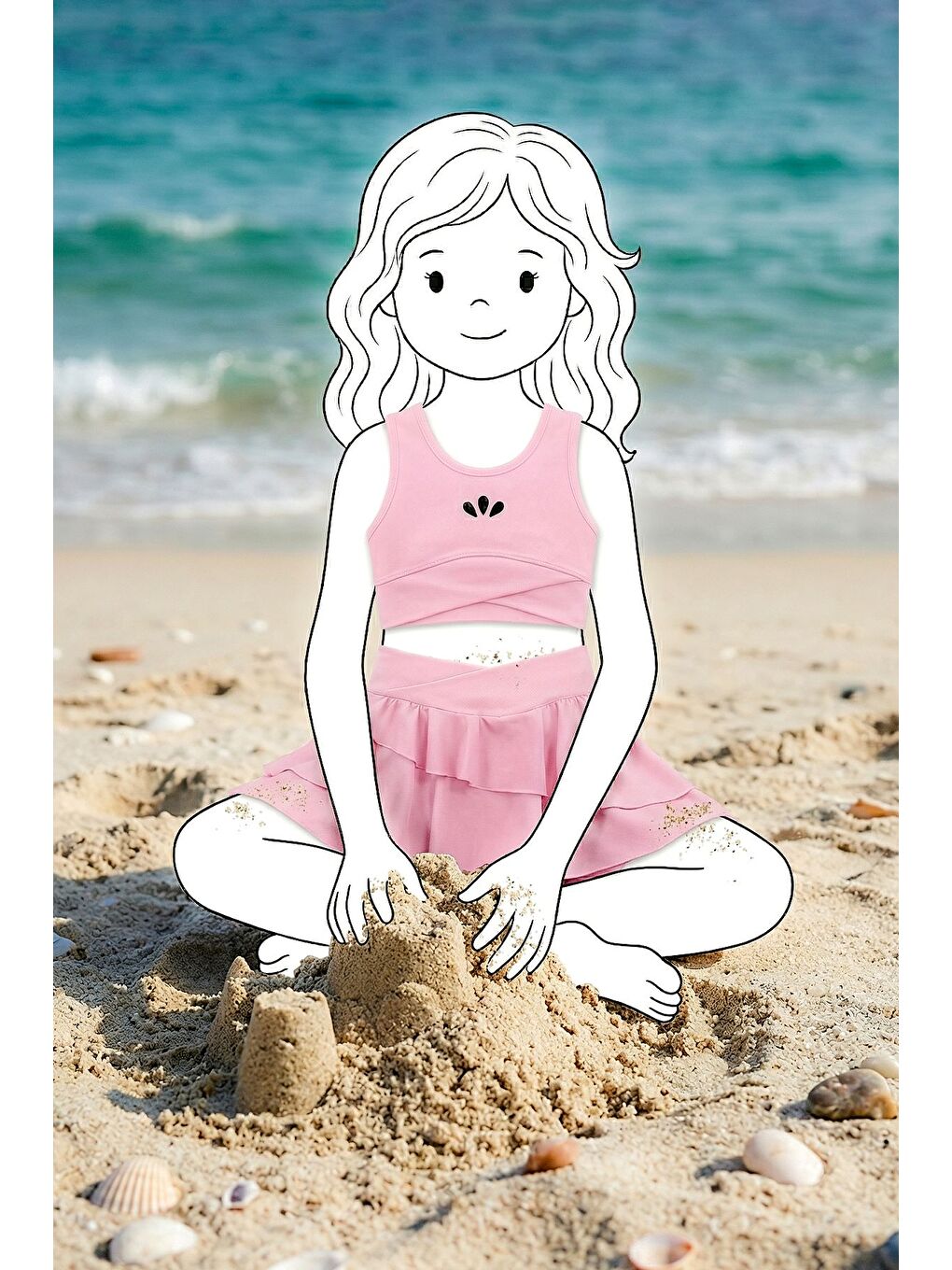 Pembe Kız Çocuk Şortlu Biyeli Pudra Renk Bikini Takımı-3