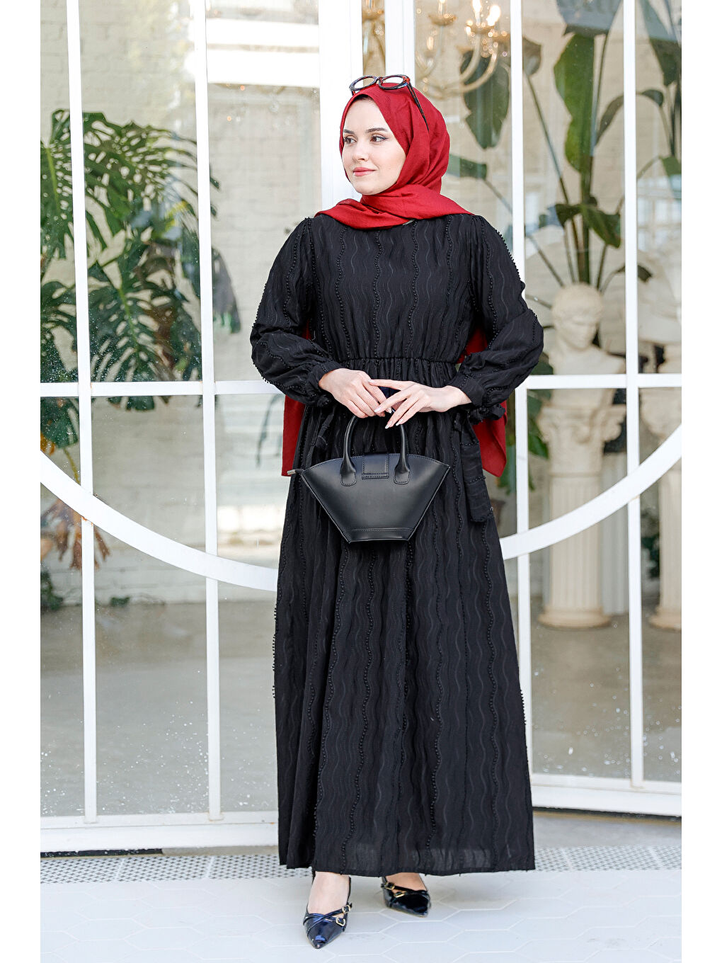 Kadın Kol Bağlamalı Jakar Elbise Siyah-2