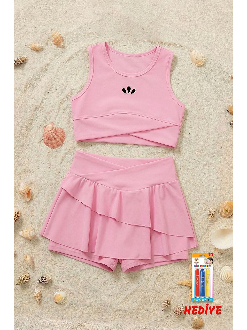 Pembe Kız Çocuk Şortlu Biyeli Pudra Renk Bikini Takımı-4