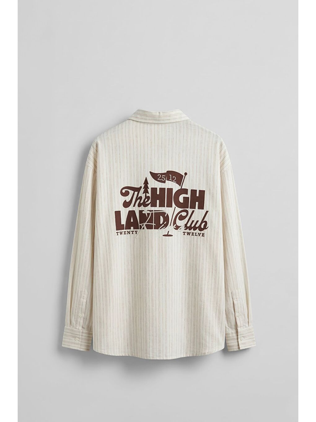 Erkek Oversize Pamuk Çizgili Sırt Baskılı Gömlek Kahverengi-1