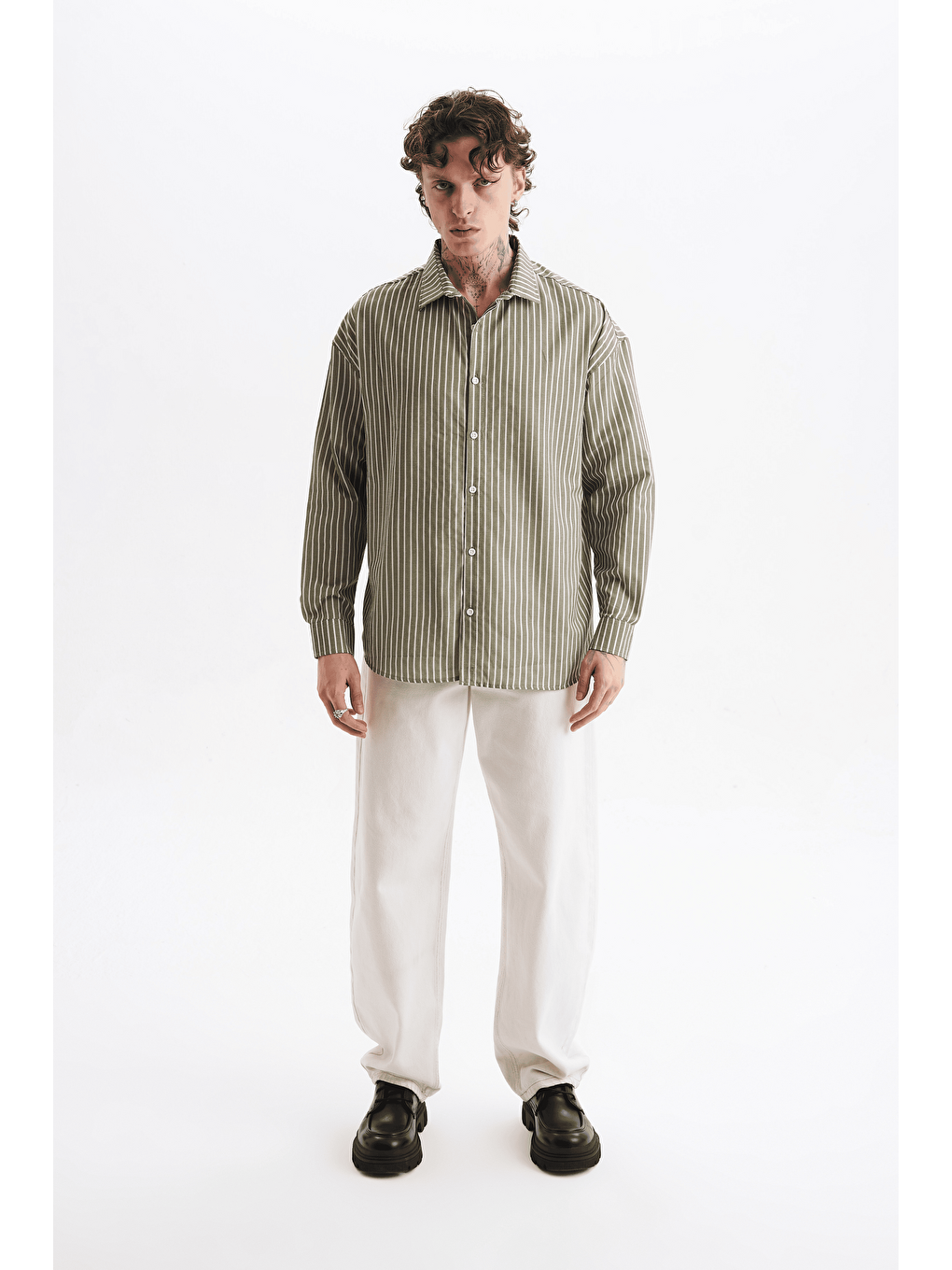 Erkek %100 Pamuklu Çizgili Gömlek Yeşil-4