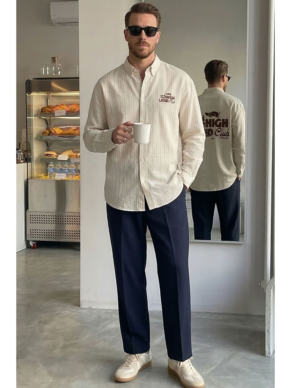 Erkek Oversize Pamuk Çizgili Sırt Baskılı Gömlek Kahverengi-2