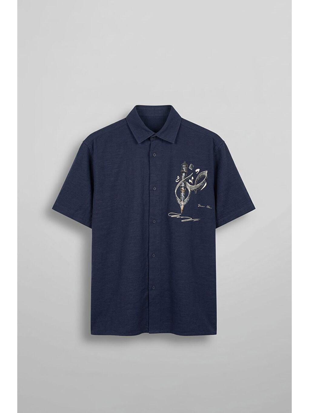 Erkek Oversize Nakış Detaylı Pamuklu Kısa Kollu Gömlek Lacivert