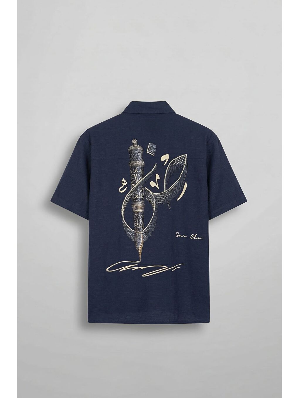 Erkek Oversize Nakış Detaylı Pamuklu Kısa Kollu Gömlek Lacivert-1