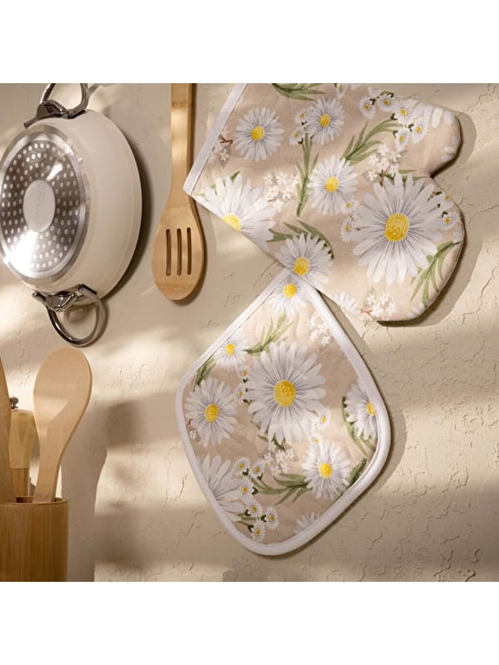 Soft Papatya Fırın Eldiveni ve Tutaç Set - Bej - 17x28 cm + 20x20 cm-4