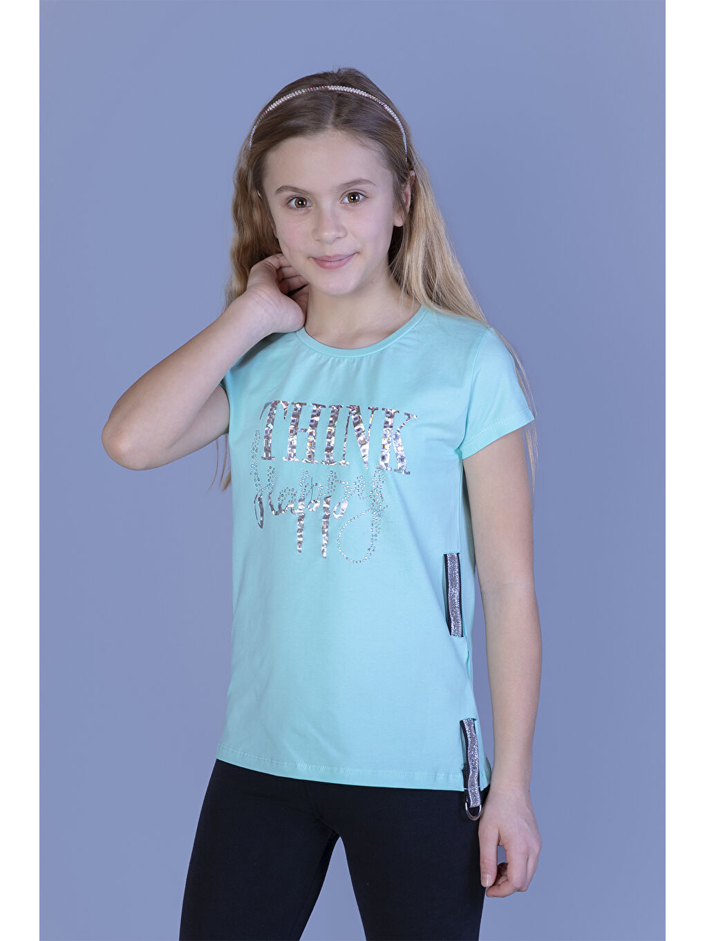 Yeşil Kız Çocuk Baskılı Taş İşlemeli Yanı Şerit Detaylı Tişört