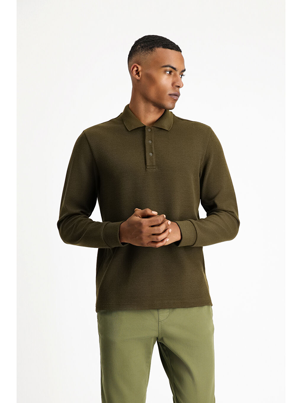 Haki Polo Yaka Regular Fit Desenli Sweatshirt