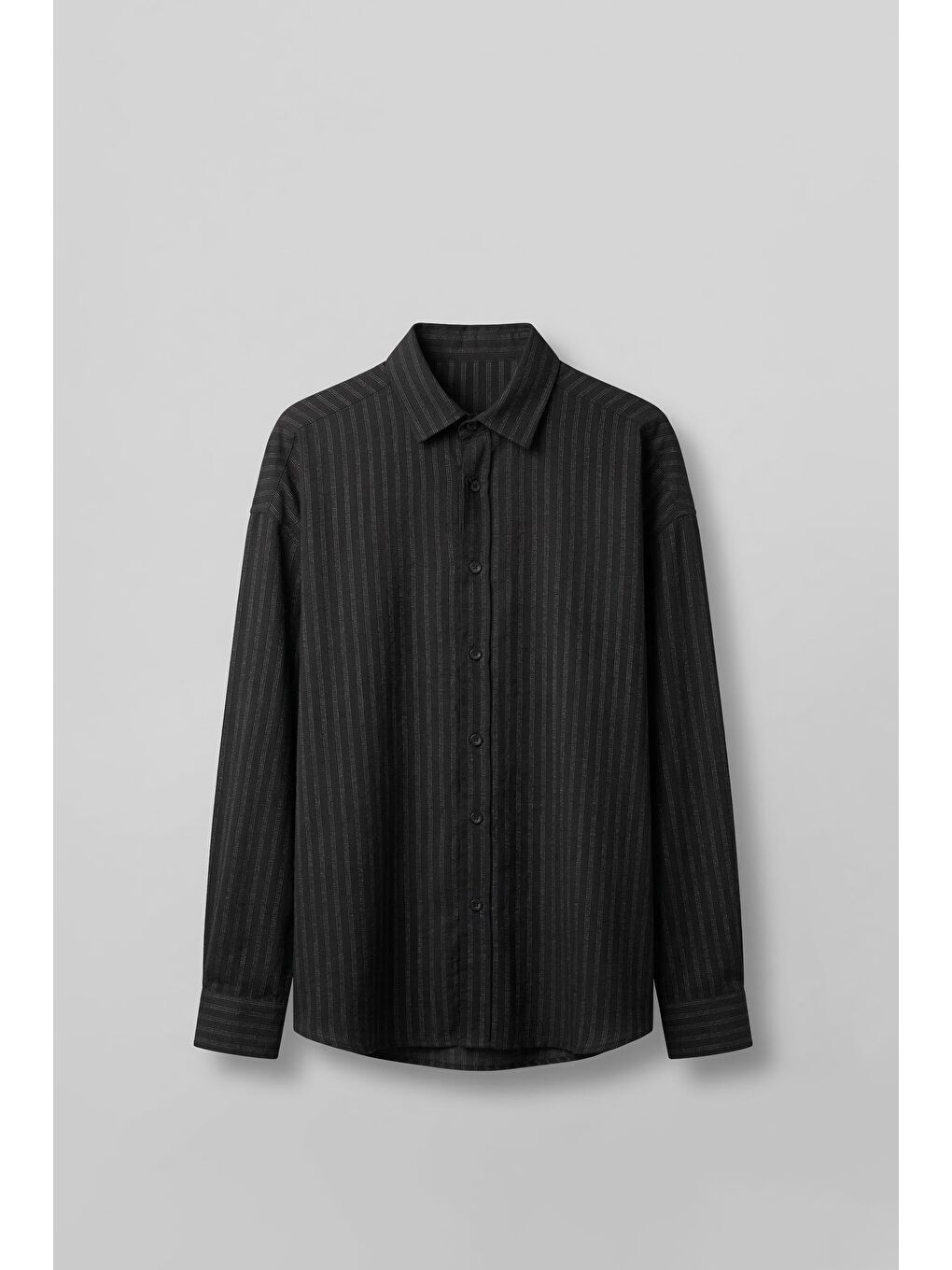 Erkek Oversize Çizgili Keten Karışımlı Gömlek Siyah