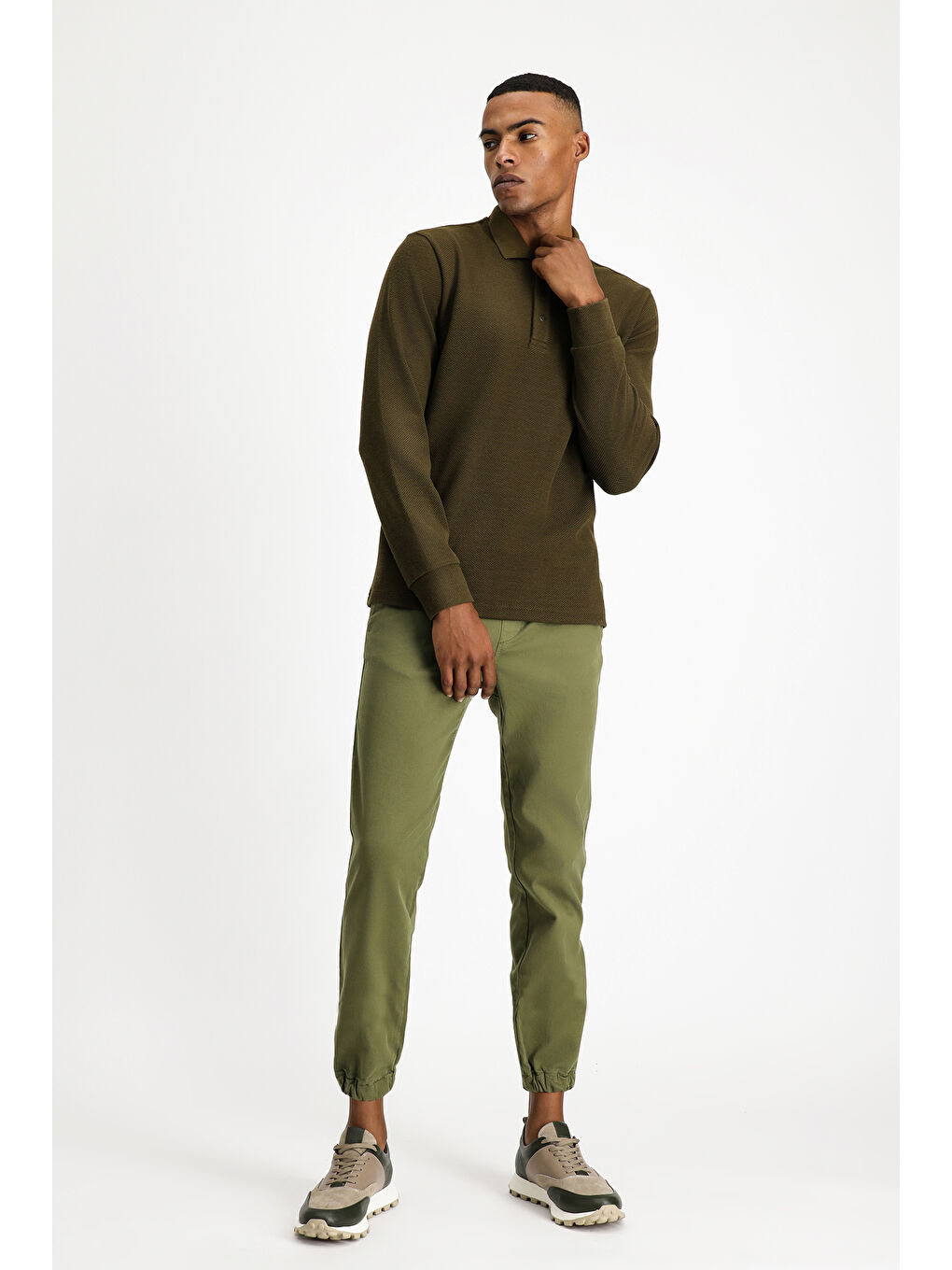 Haki Polo Yaka Regular Fit Desenli Sweatshirt-1