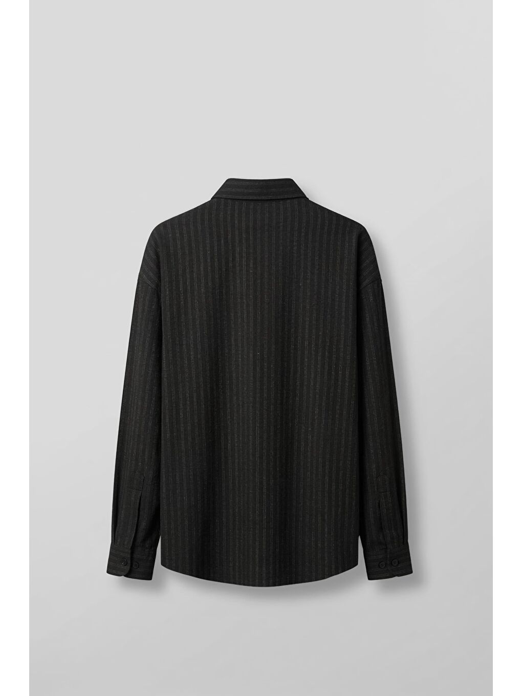 Erkek Oversize Çizgili Keten Karışımlı Gömlek Siyah-1