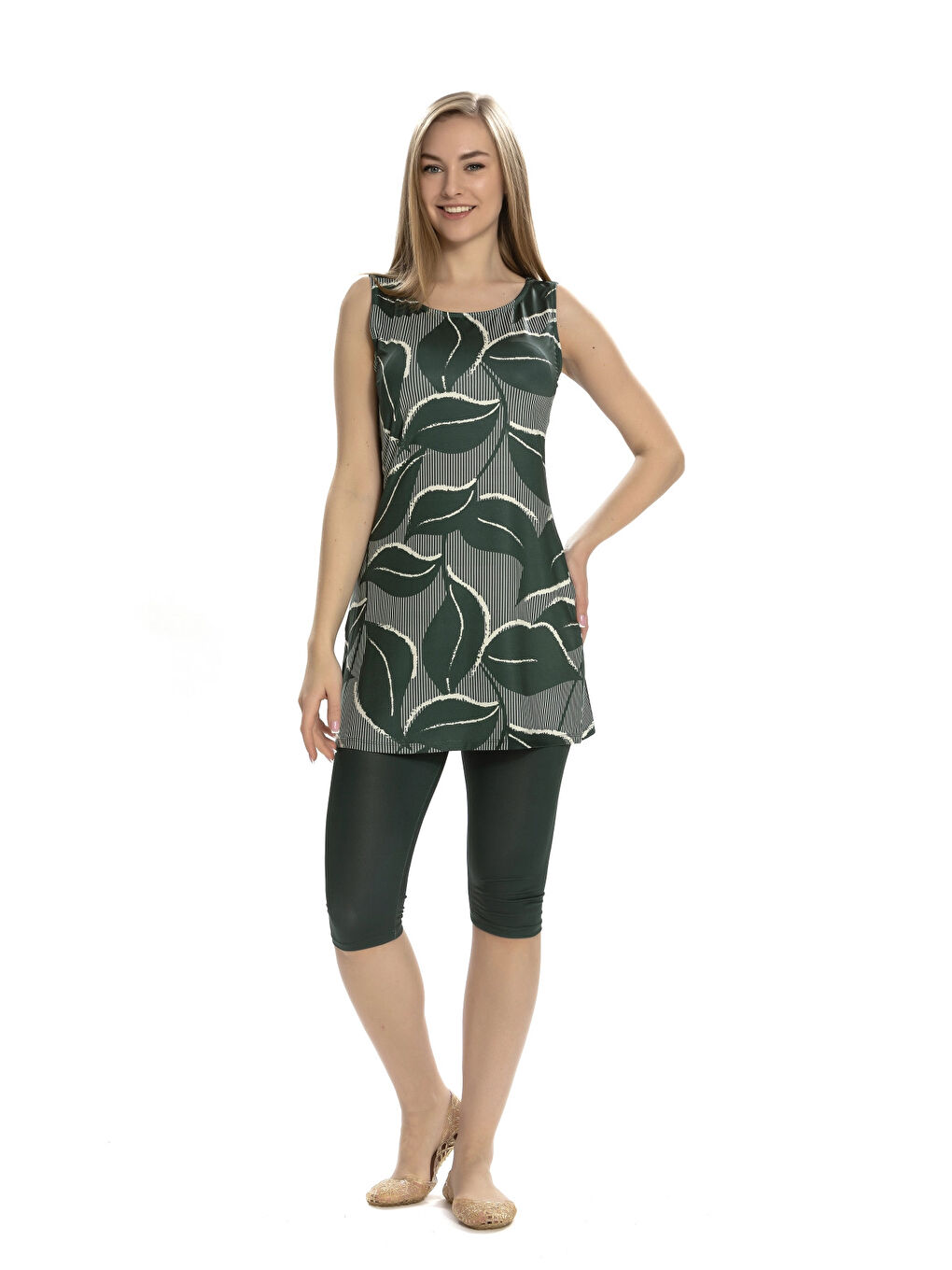 Kadın Haki Yaprak Desen Kolsuz Yarı Kapalı Taytlı Mayo HZL25S-AR152/505