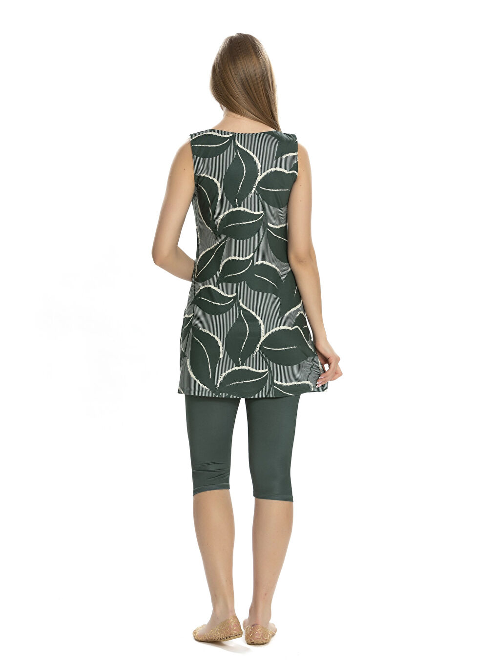 Kadın Haki Yaprak Desen Kolsuz Yarı Kapalı Taytlı Mayo HZL25S-AR152/505-1