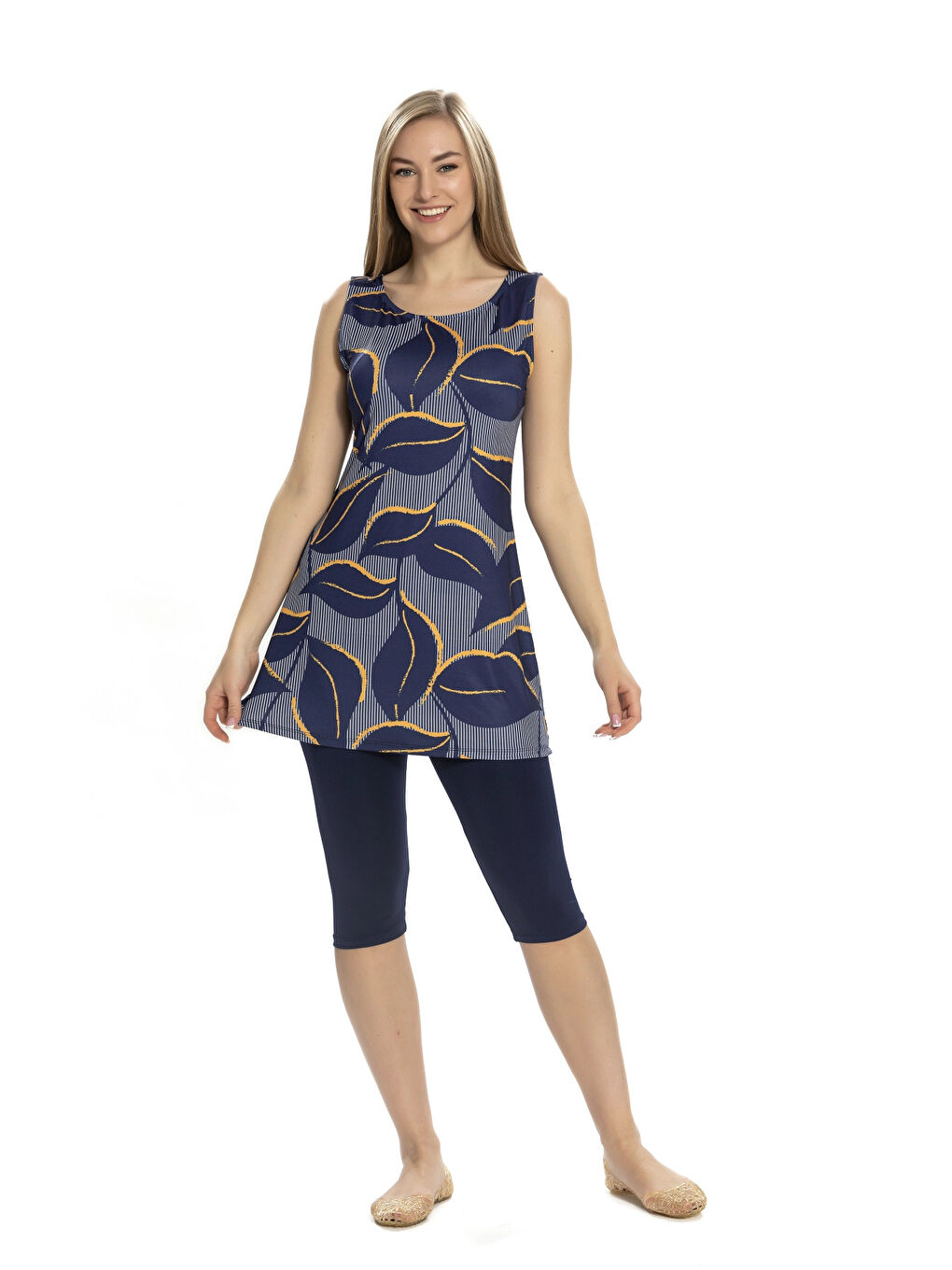 Kadın Lacivert Yaprak Desen Kolsuz Yarı Kapalı Taytlı Mayo HZL25S-AR152/504