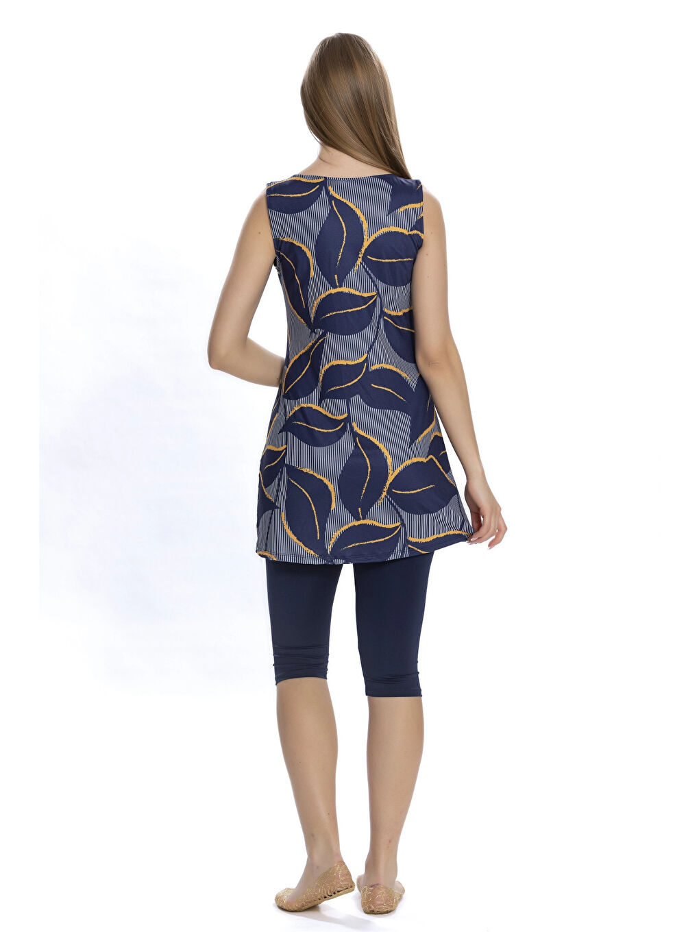 Kadın Lacivert Yaprak Desen Kolsuz Yarı Kapalı Taytlı Mayo HZL25S-AR152/504-1